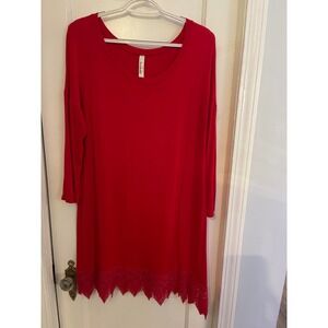 Emerald USA Red Long Sleeve Tunic Top Mini Dress Crochet Lace Hem Womens Large